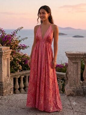 Paisley V-Neck Pink Maxi Dress